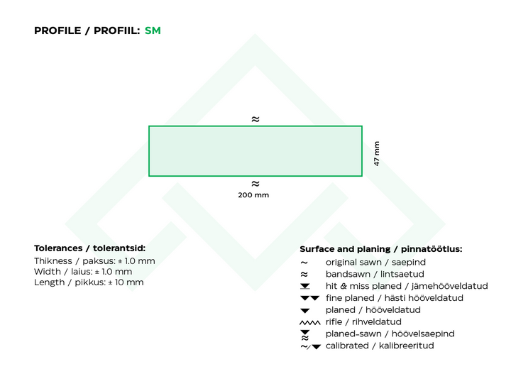 Immutatud saematerjal 47x200x6000 ABC kvaliteet roheline (mänd)
