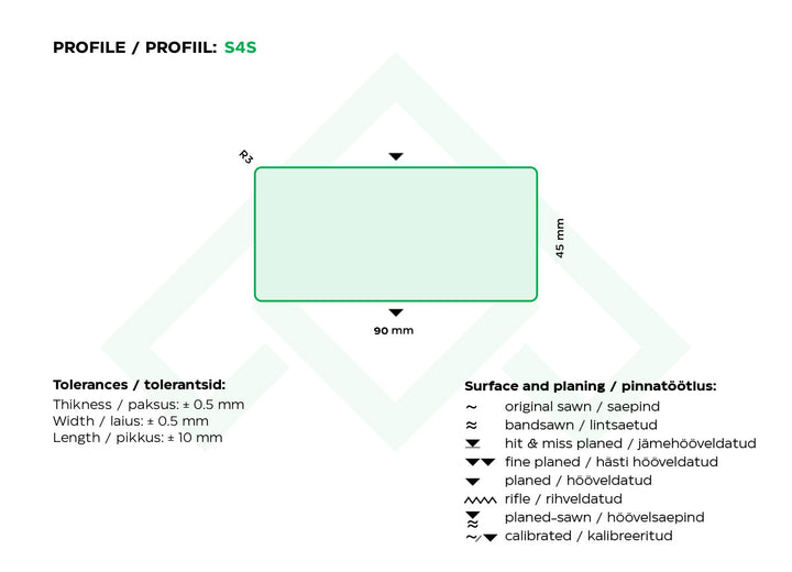 Immutatud höövelpruss 45x90x5100 II kvaliteet